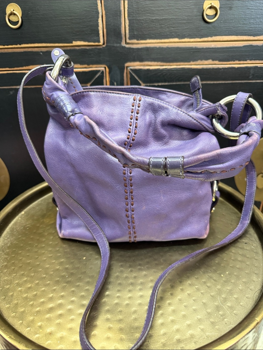Makowsky Distressed Purple Leather Crossbody Bucket Bag